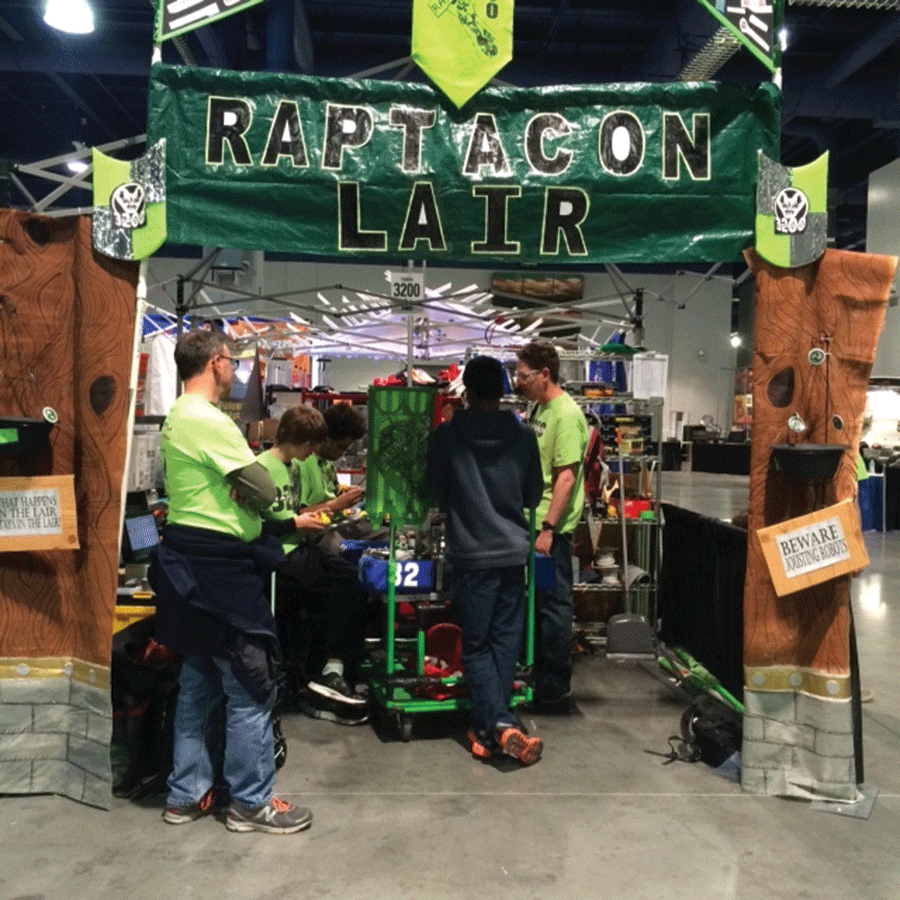 The teams station at the Las Vegas competition -- many team members were sporting neon green tutus.