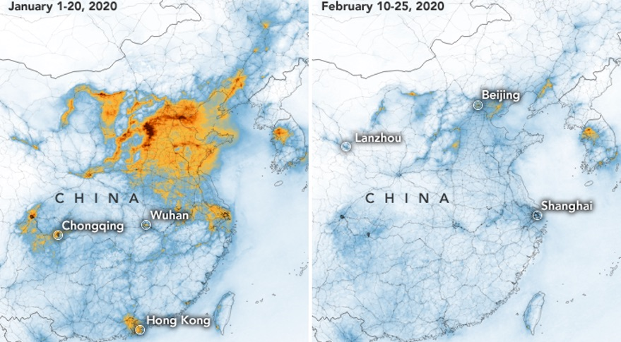 Impact of the drop in pollution in China as shown from Satellites, Image Courtesy of NASA.