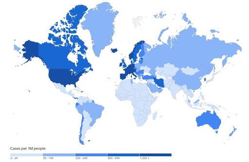 A map containing the recorded number of cases for each country in the world. Image Courtesy of Google. 