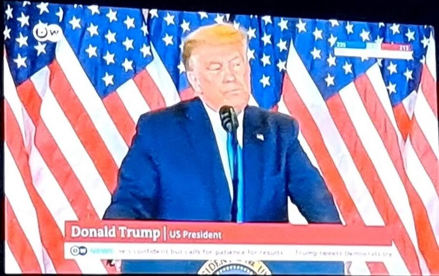 Image of Donald Trump giving a speech on the night of November 3, 2020. Image Courtesy of Deutsche Welle and Edmond Kunath.