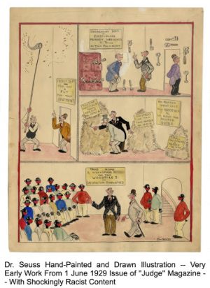 A political cartoon drawn by Seuss in the 1920s features a gross depiction of the sale of black people. (Nate Sanders, Fine Autographs & Memorabilia)