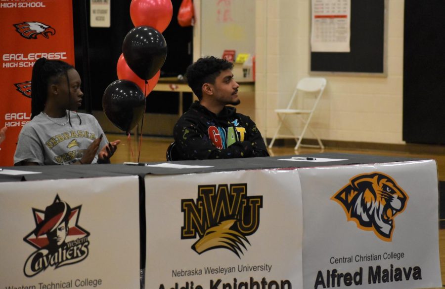 The only boys volleyball commit, Alfred Maiava looks on as his coach details his accomplishments in the sport.