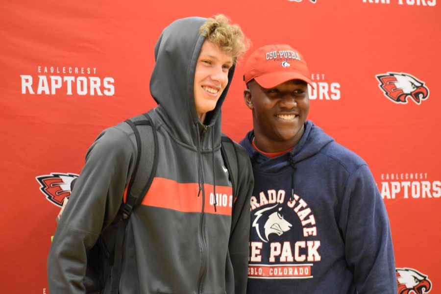 Friends and fellow athletes Ayden Shaw and Mason Harris take a photo together following Harriss signing to CSU Pueblo.