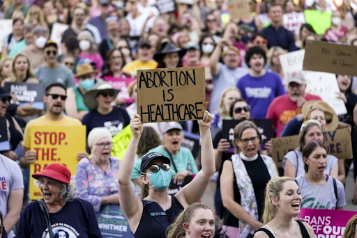 An abortion rights rally outside of the Michigan State Capitol on June 24th, 2022.