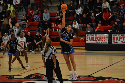 Grandview sophomore Sienna Betts gets the jump ball to start the game. 
