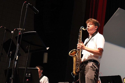 Lindley performing during a band concert.