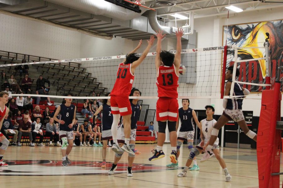 Dynamic Duo: Brian Xu and Dillan Ancheta prepare to block the ball from the opposing team.