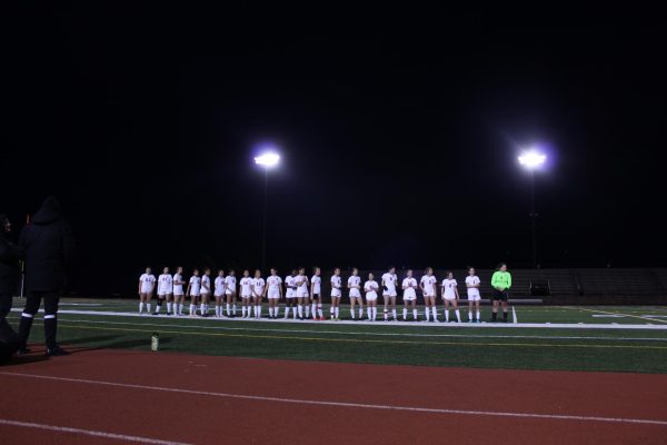 The Eaglecrest Girls Varsity soccer team lines up prior to their game against Cherokee Trail on April 9th. 