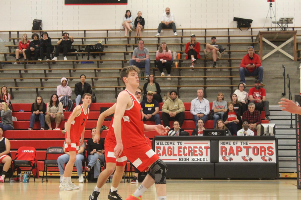 Member of the EHS Boys Varsity Volleyball team watches Grandview High School attempt to return their pass at their home game on April 25th, 2024.