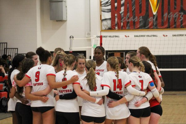 The entire team huddles together during the second set after Overland calls a timeout. 