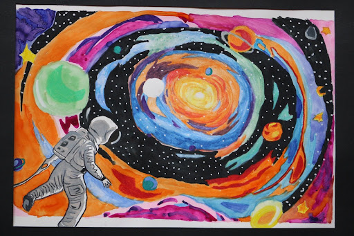 This image of an astronaut floating towards a colorful galaxy represents the drive to grasp the unknown. The outlay of vibrant colors highlights the intriguing nature of the mysterious unknown, attracting the curious. The drawing provides an engaging description of the staggering possibilities of audacious exploration. 