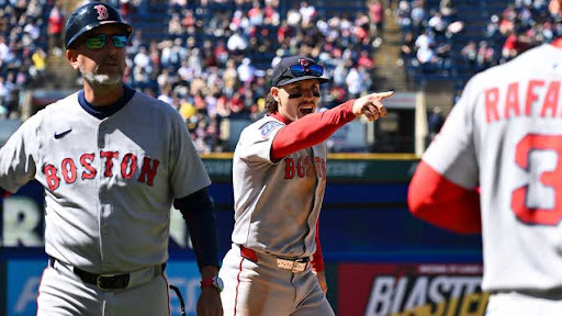 Jarren Duran (center) of the Boston Red Sox yells at fan during the seventh inning against the Cleveland Guardians at Progressive Field on April 27, 2025 in Cleveland, Ohio. SOURCE: Nick Cammett/Getty Images