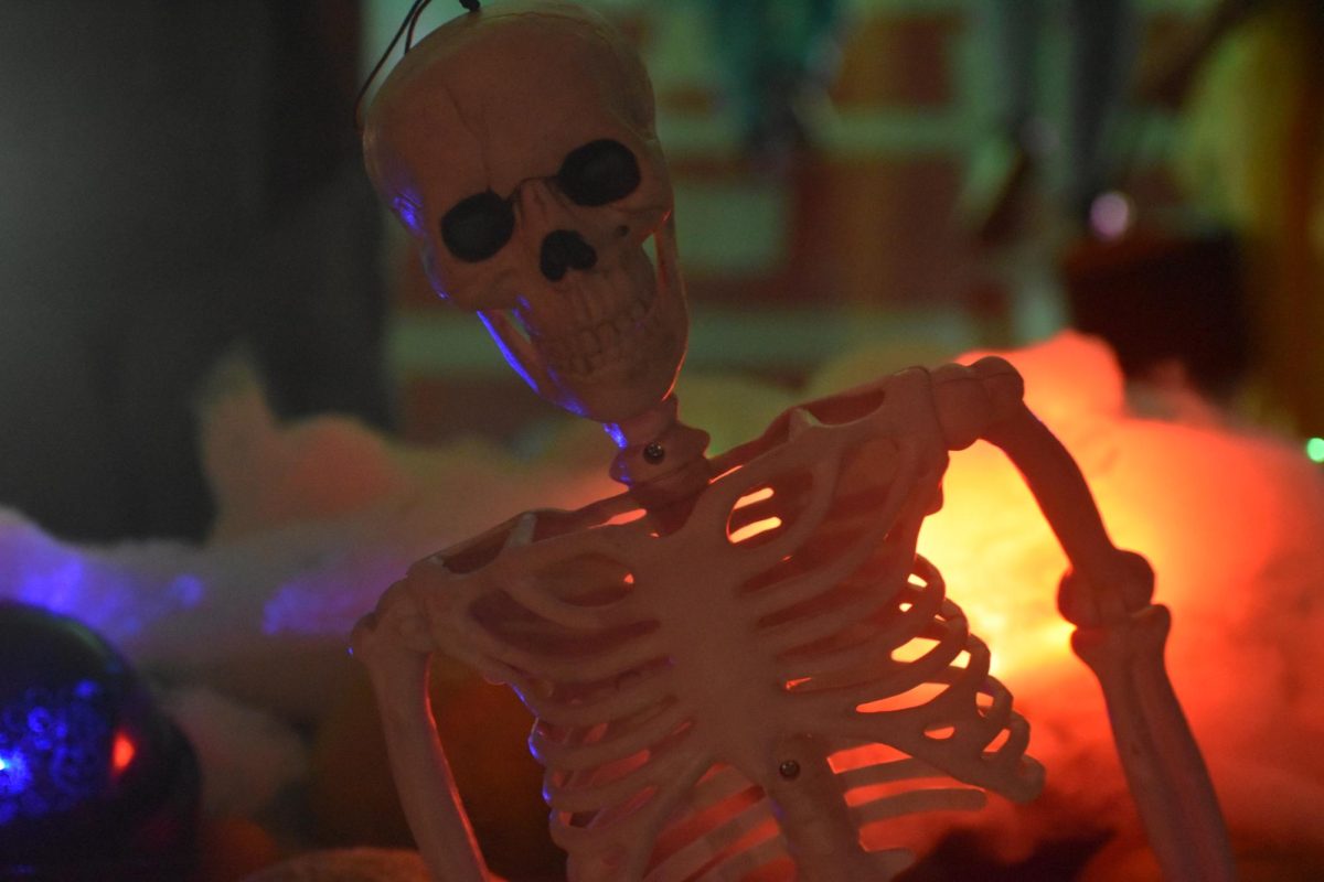 Bones surrounded a full-body skeletal decorated with party lights throughout the cafeteria entrance.