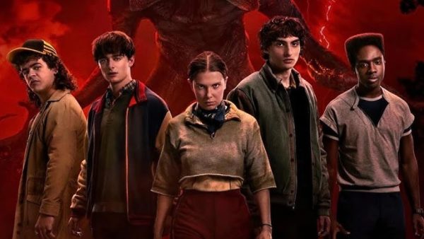 The five main protagonists of the series: Dustin, Will, Eleven, Mike, and Lucas